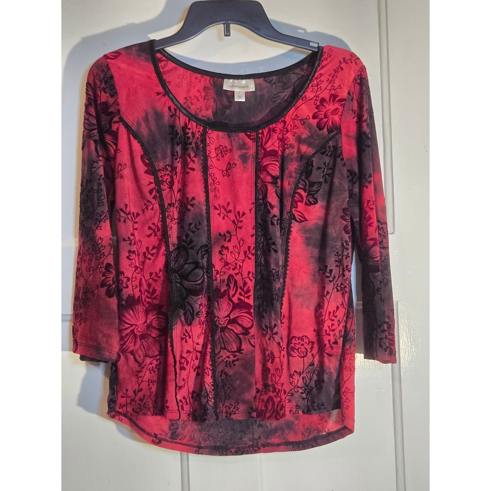 Dressbarn Womens Red Black Floral Mesh Flocked Velvet Tie Dye Blouse Large